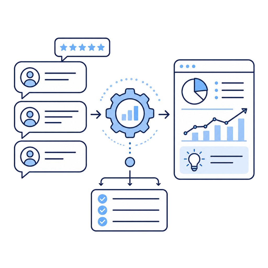Kundenfeedback automatisch auswerten: Bewertungen, Umfragen und Supporttexte bündeln, priorisieren und in Maßnahmen überführen.