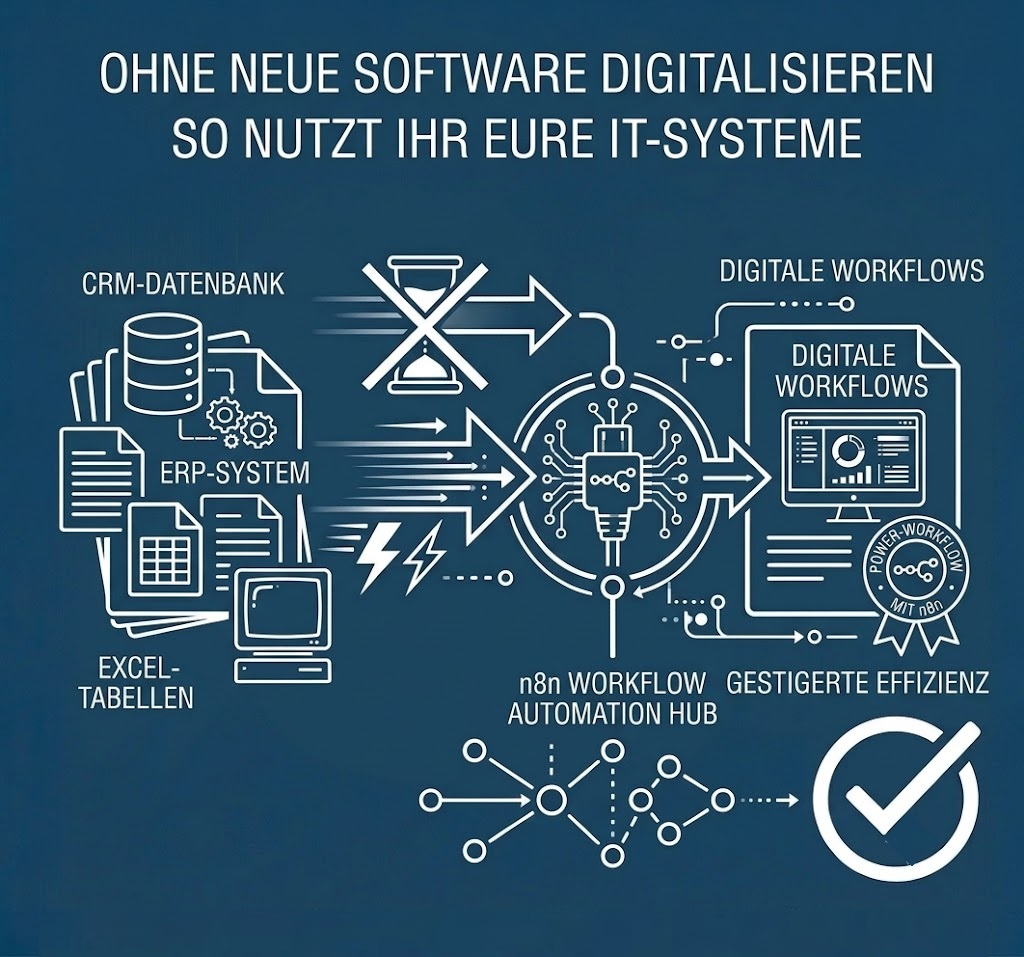 Können Unternehmen ganz ohne neue Software digitalisieren? Erfahrt hier, wie ihr eure bestehenden Tools mit n8n zu echten Power-Workflows vernetzt..